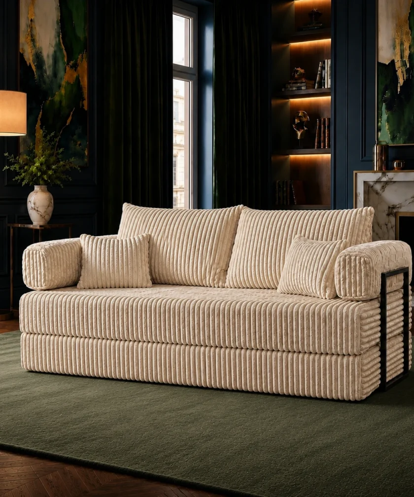 Canapea modulara extensibila somnUS-Tilia, catifea Premium, antiderapanta, 190x82x90cm, Crem